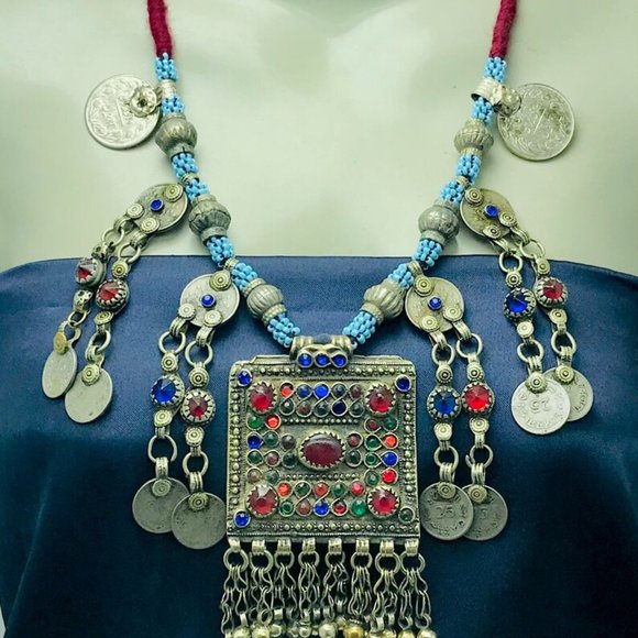 Tribal Handmade Beaded Chain Necklace With Long Tassels and Coins - Picture 6 of 12